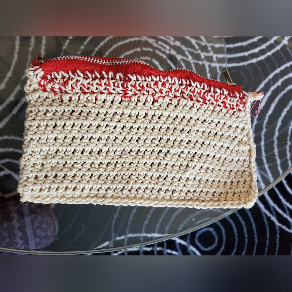 Handcrafted Cream and Red Crochet Clutch